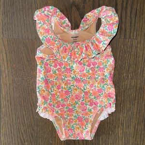 Old Navy Purple Ditsy Floral Printed Ruffle-Trim One-Piece Swimsuit | 0-3 Months